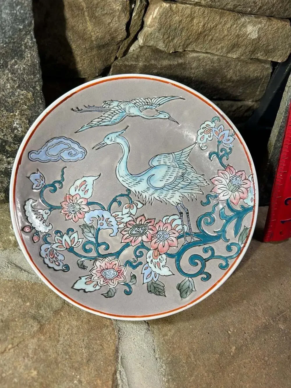 Vintage Chinese White Cranes and Floral Motif decorative plate 8”